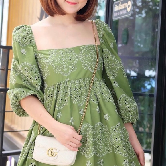 ZARA OPENWORK EMBROIDERED DRESS PUFF SLEEVES Green - Picture 10 of 11